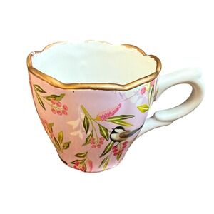 Pink Bird Floral Demitasse Cup Gold Rim Scalloped Mini Tea Espresso Planter Cup